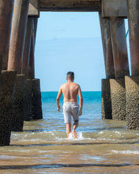 Rear view of shirtless man standing on beach