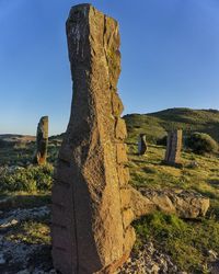 Rock formations on landscape against clear blue sky