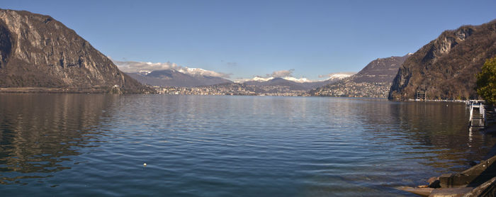 Scenic view of lake with mountain range in background