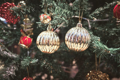 Silver colored spheres at new year tree. new year decorations. christmas tree.