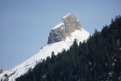 Low angle view of snowcapped mountain against sky