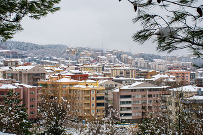 High angle view of buildings in city against sky