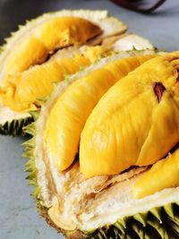 Close-up of musang king durian on table