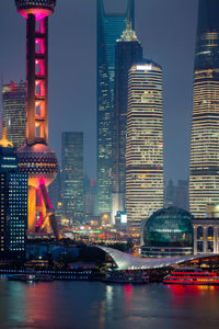 Illuminated city buildings at night