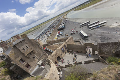 High angle view of buildings against sky