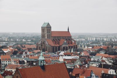 High angle view of townscape against clear sky