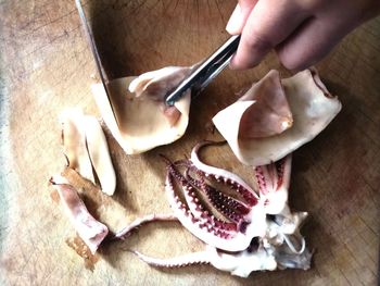 High angle view of person preparing food on cutting board