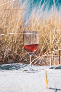 Close-up of a wine glass in sand in front of grass.