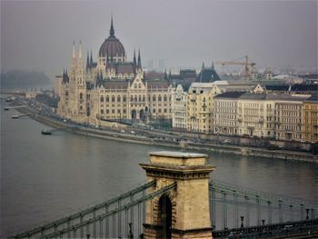 Bridge over river with city in background