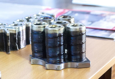 Close-up of coins on table