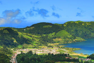 Scenic view of tree mountains against sky