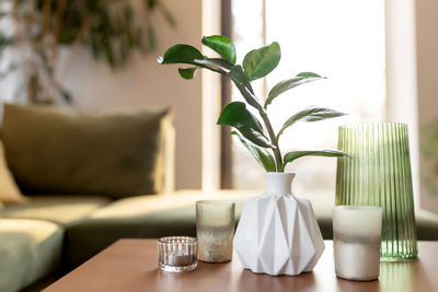 Relaxing time at comfort home with candles and vase with zamioculcas at wooden table