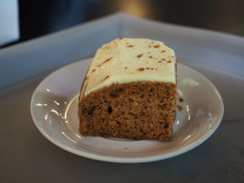 Close-up of cake in plate on table