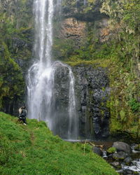Rear view of man by waterfall
