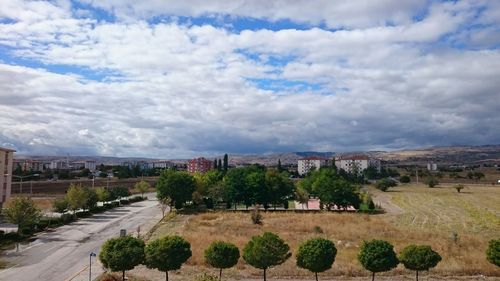 Trees on landscape against cloudy sky