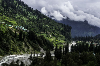 Panoramic view of trees and mountains against sky