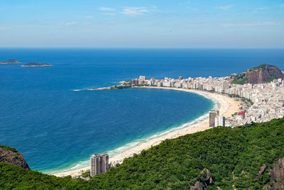 High angle view of sea and cityscape against sky