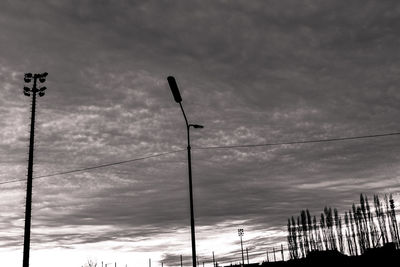 Low angle view of power lines against cloudy sky