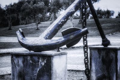 Close-up of metallic structure in park during winter