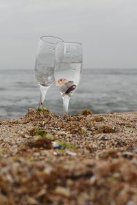 Drinking water on glass at beach against sky