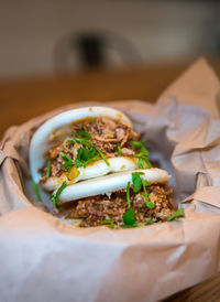 Close-up of food served in plate on table