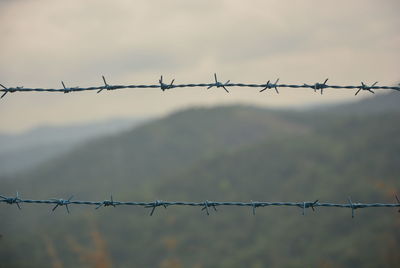 Close-up of barbed wire fence against sky