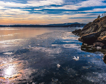 Scenic view of lake against sky during sunset