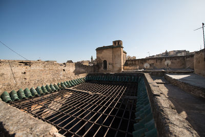 Low angle view of old ruins against clear sky