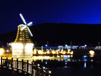Reflection of illuminated lights in puddle