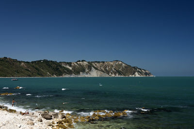 Scenic view of sea against clear blue sky