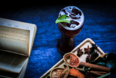 High angle view of drink on table