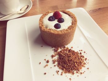 High angle view of dessert in plate on table