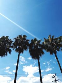 Low angle view of coconut palm trees against blue sky