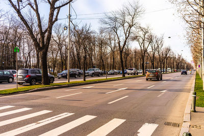 Cars on road against sky in city