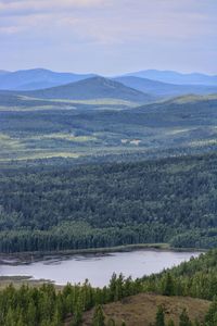 Scenic view of lake and mountains against sky