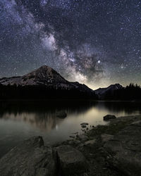 Scenic view of lake by mountains against sky at night