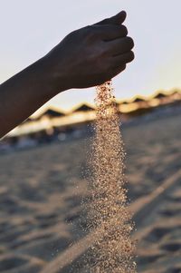 Close-up of hand holding leaf against sea at sunset