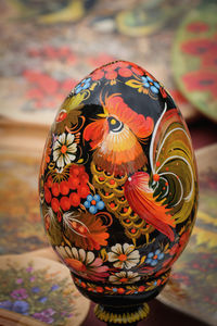 Close-up of patterned easter egg on table