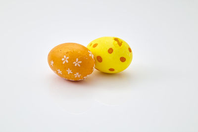 Close-up of easter eggs on white background