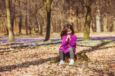 Full length of girl sitting at forest