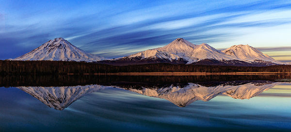 Scenic view of lake by mountains against sky