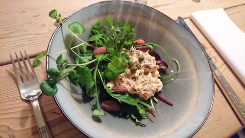 High angle view of salad in plate on table