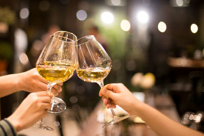 Group of friend toasting celebration with glass of white wine