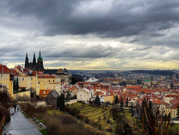 High angle view of townscape against sky in town