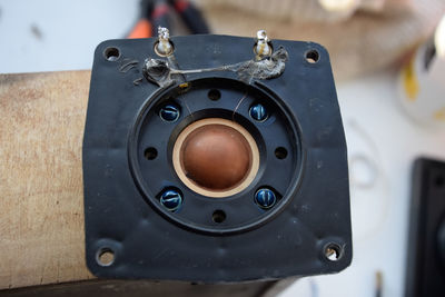 High angle view of speaker on table at home