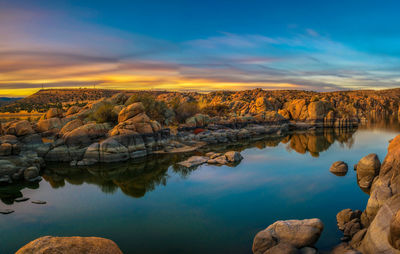 Scenic view of lake against sky during sunset