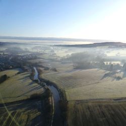 High angle view of land against clear sky