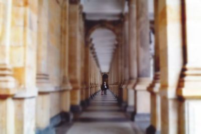 Rear view of woman walking in corridor of building