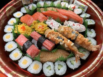 High angle view of sushi in plate