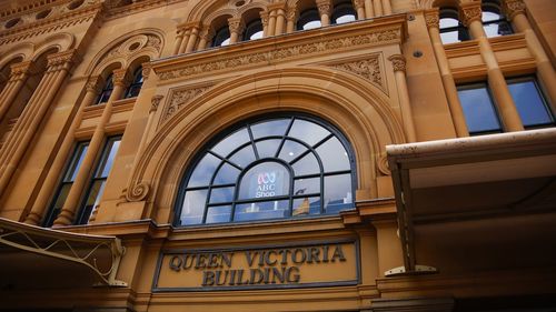 Low angle view of clock on building